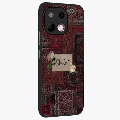 Velvet Wine Pattern Custom Name Glass Case upright view showcasing luxurious wine toned artwork with personalized aesthetic.