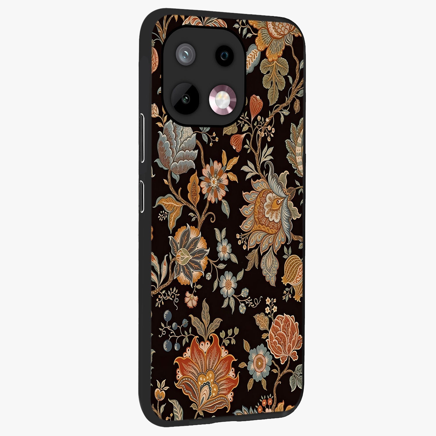 Vintage Floral Dream Glass Case upright view showcasing delicate floral artwork with timeless vintage theme.