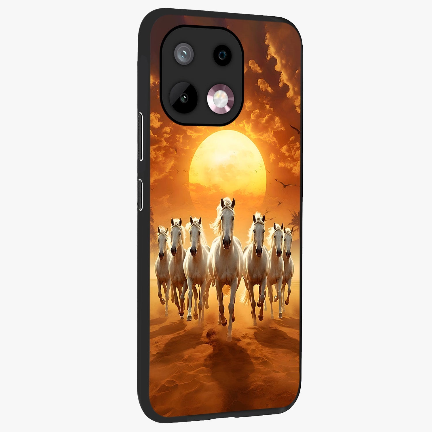 Wild Sunset Majesty Glass Case upright view showcasing dramatic sunset artwork with bold nature theme.