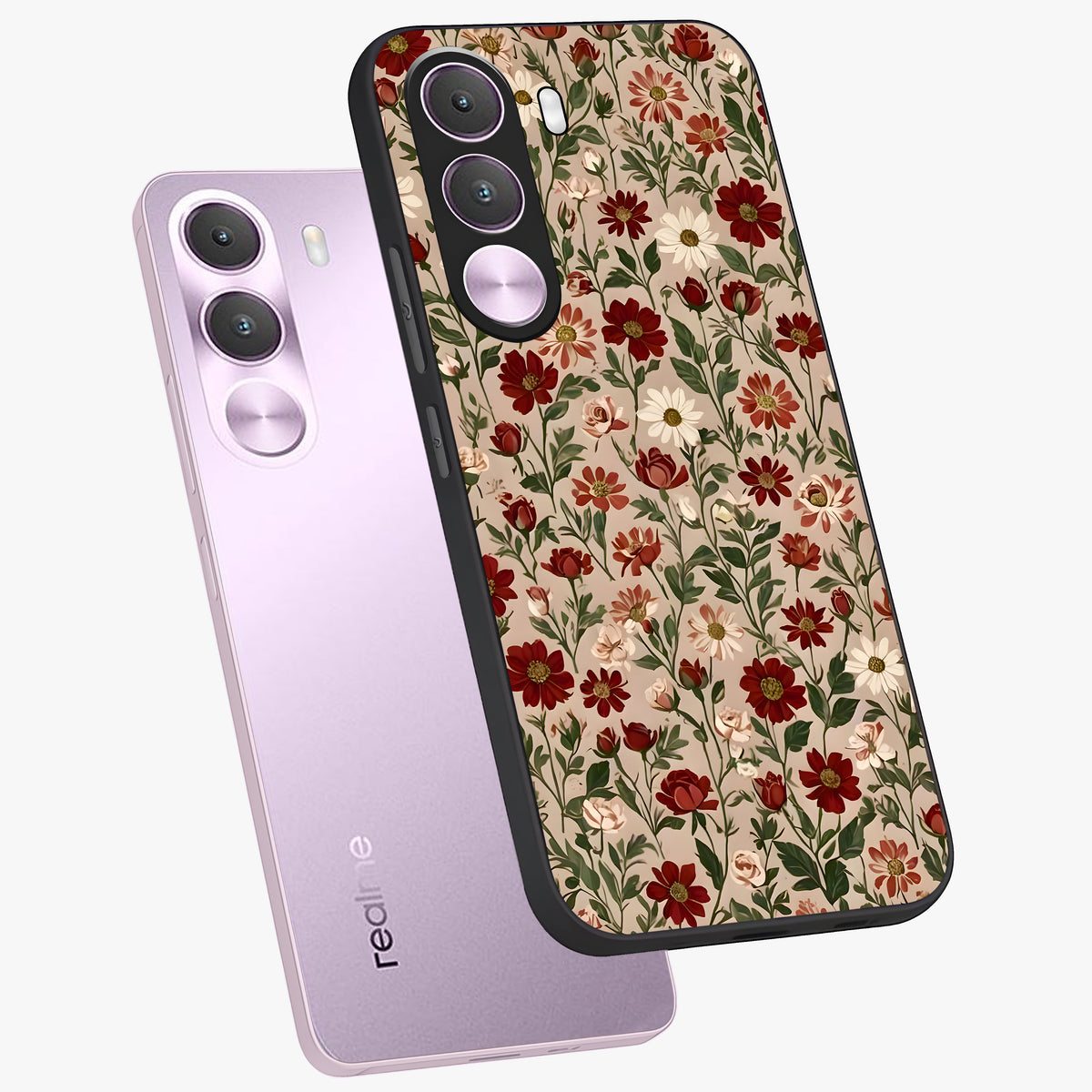Biege Flower With Leaf Glass Case displayed in angled mockup highlighting minimal floral leaf design and elegant aesthetic.