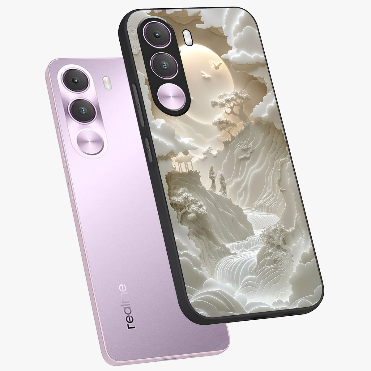 Celestial Origami Glass Case displayed in angled mockup highlighting geometric origami design with cosmic aesthetic theme.