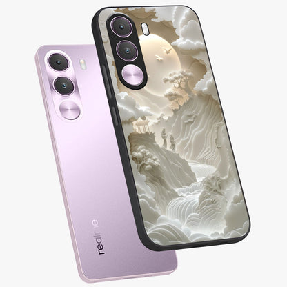 Celestial Origami Glass Case displayed in angled mockup highlighting geometric origami design with cosmic aesthetic theme.