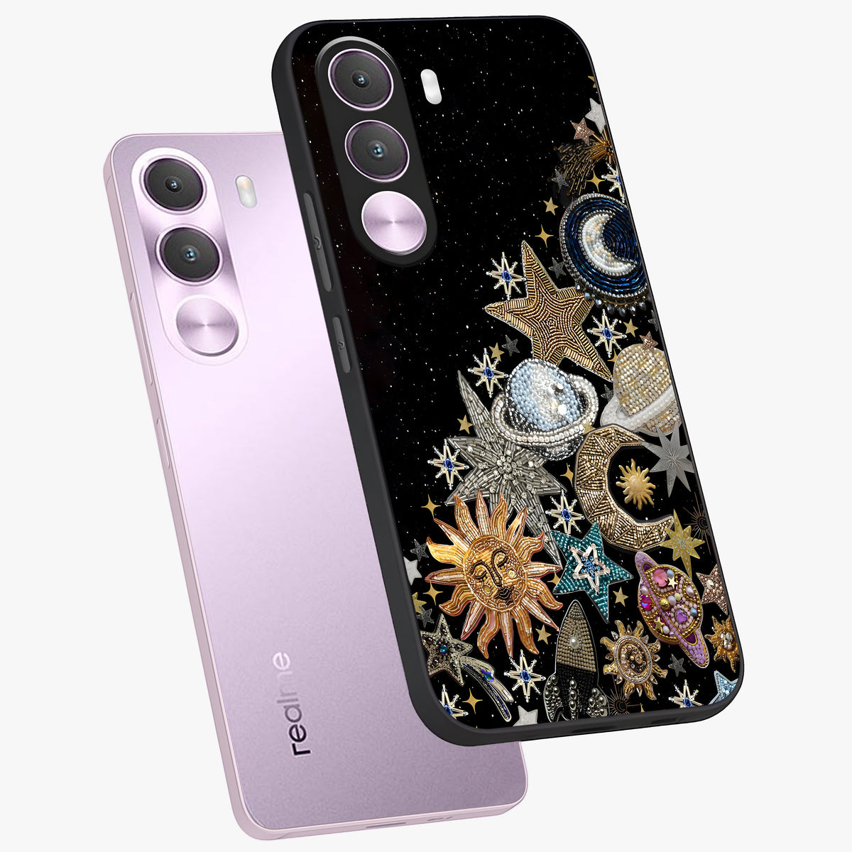 Cosmic Sparkle Dreams Glass Case displayed in angled mockup highlighting dreamy star sparkle design with celestial aesthetic.