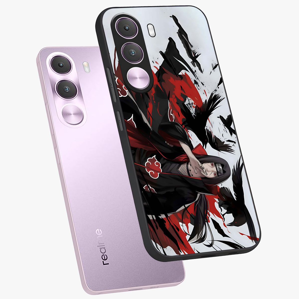 Crimson Crow Illusion Glass Case displayed in angled mockup highlighting mysterious crow graphic with dark aesthetic style.