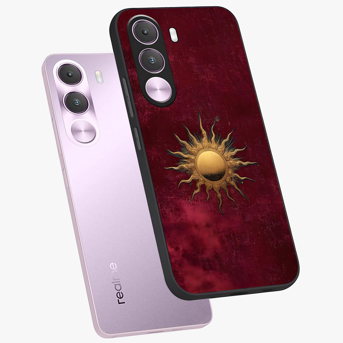 Golden Sun Minimalism Glass Case displayed in angled mockup highlighting clean sun symbol design with modern minimal aesthetic.