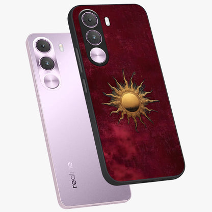 Golden Sun Minimalism Glass Case displayed in angled mockup highlighting clean sun symbol design with modern minimal aesthetic.