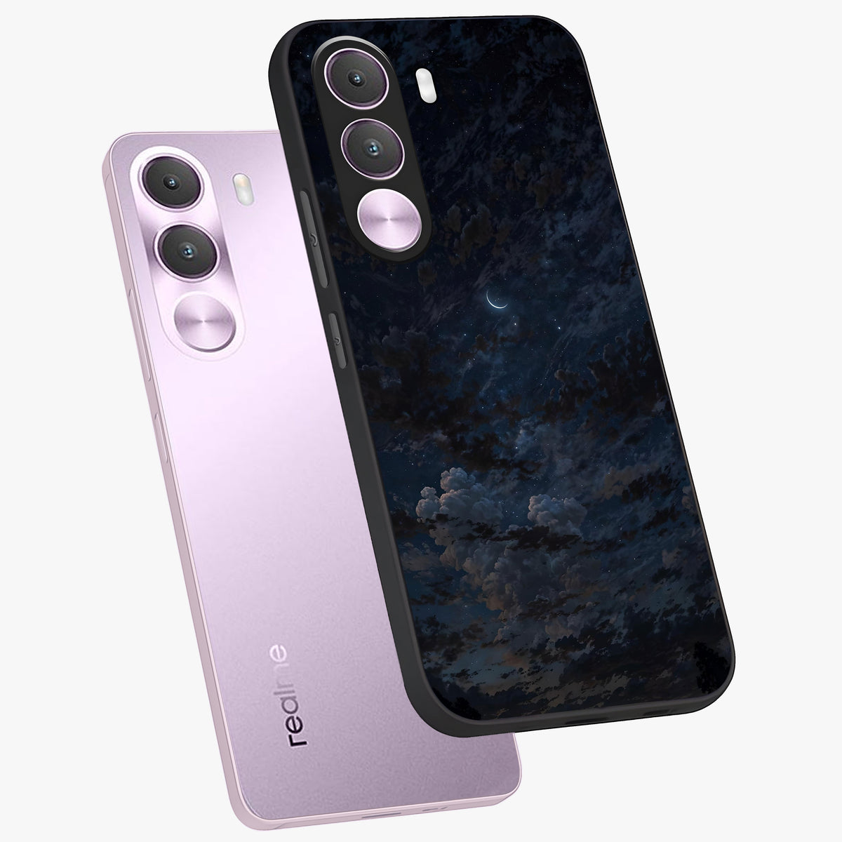 Lunar Veil Silence Glass Case displayed in angled mockup highlighting soft lunar design with peaceful celestial aesthetic.