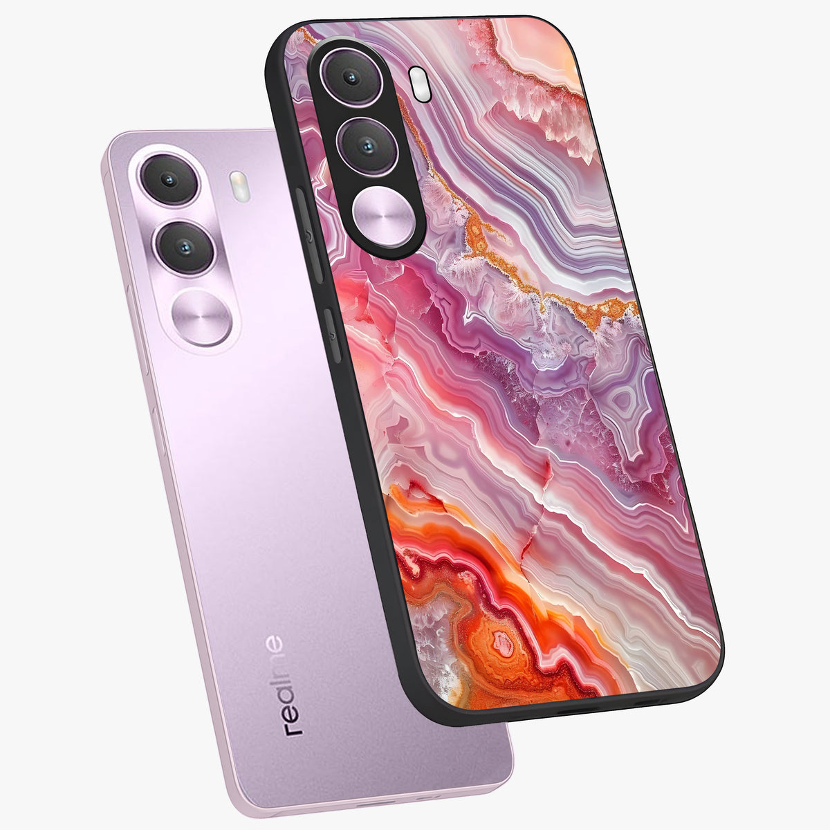 Rose Quartz Marble Glass Case displayed in angled mockup highlighting elegant marble pattern with soft aesthetic style.