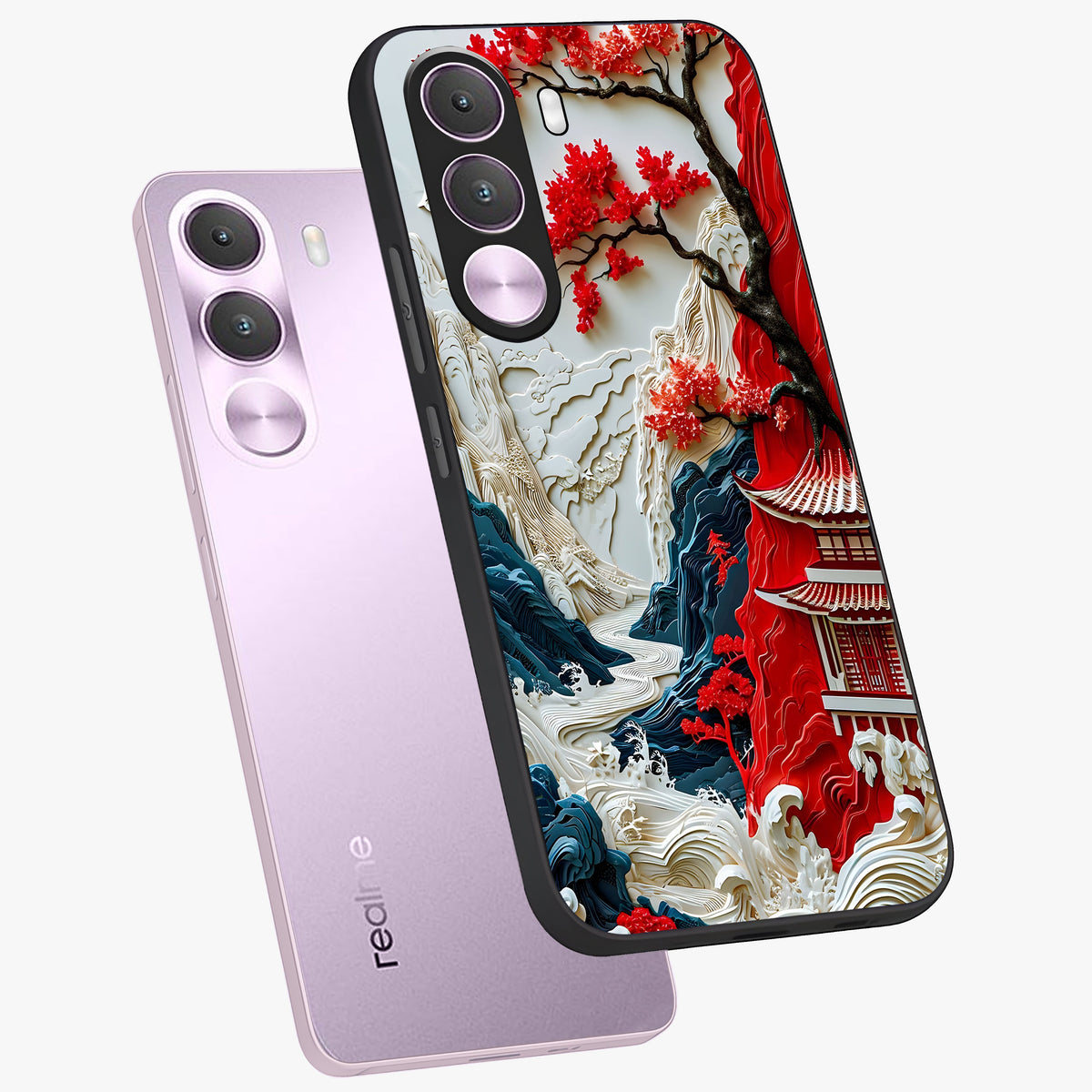 Whispers Of Sakura Waves Glass Case displayed in angled mockup highlighting flowing sakura design with soft floral aesthetic.