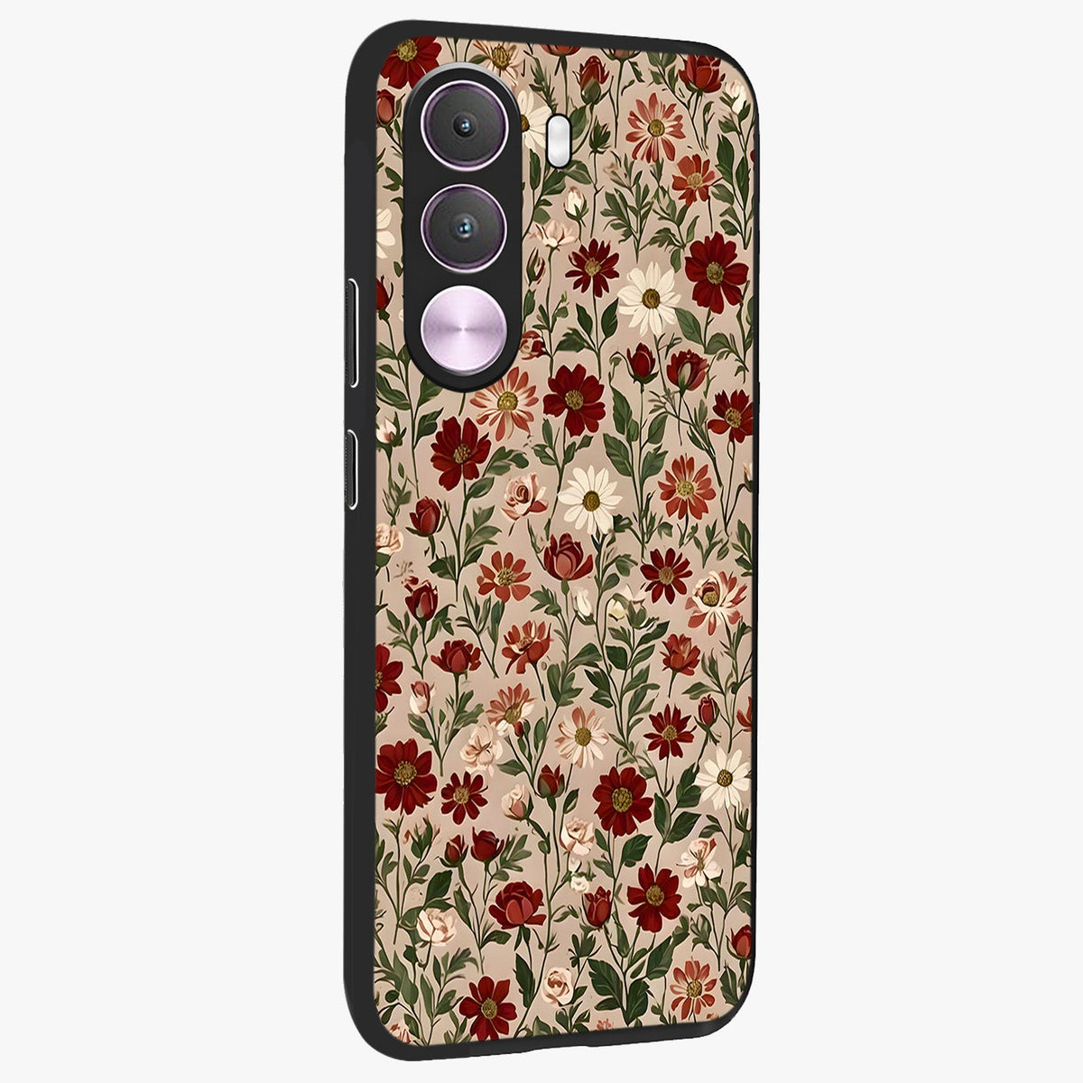 Biege Flower With Leaf Glass Case upright view showcasing delicate beige flower illustration with clean botanical style.