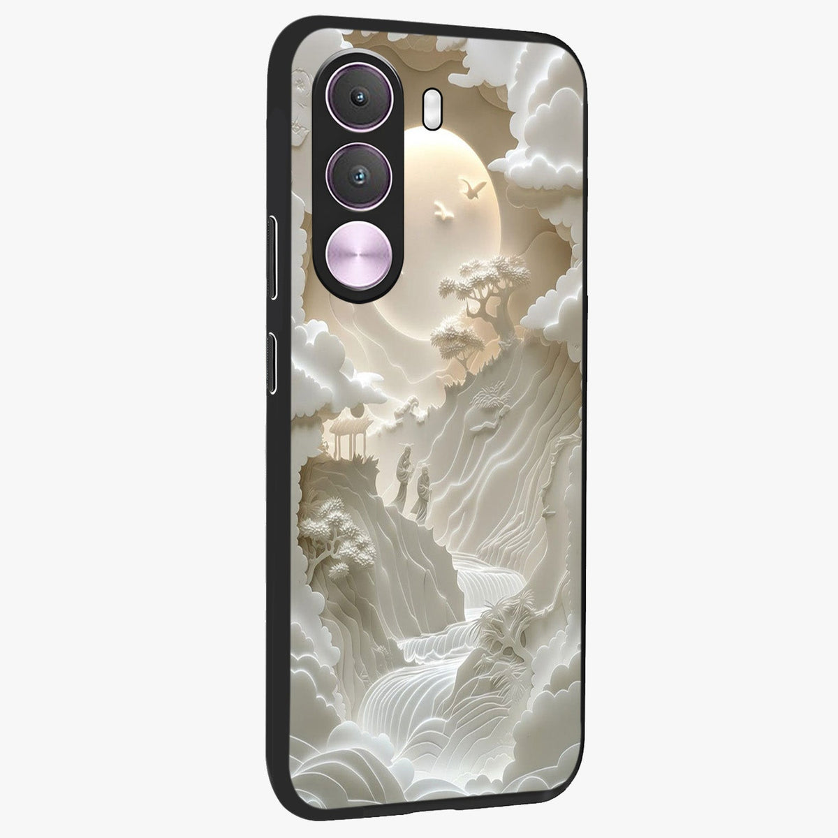 Celestial Origami Glass Case upright view showcasing creative origami artwork with modern celestial style.