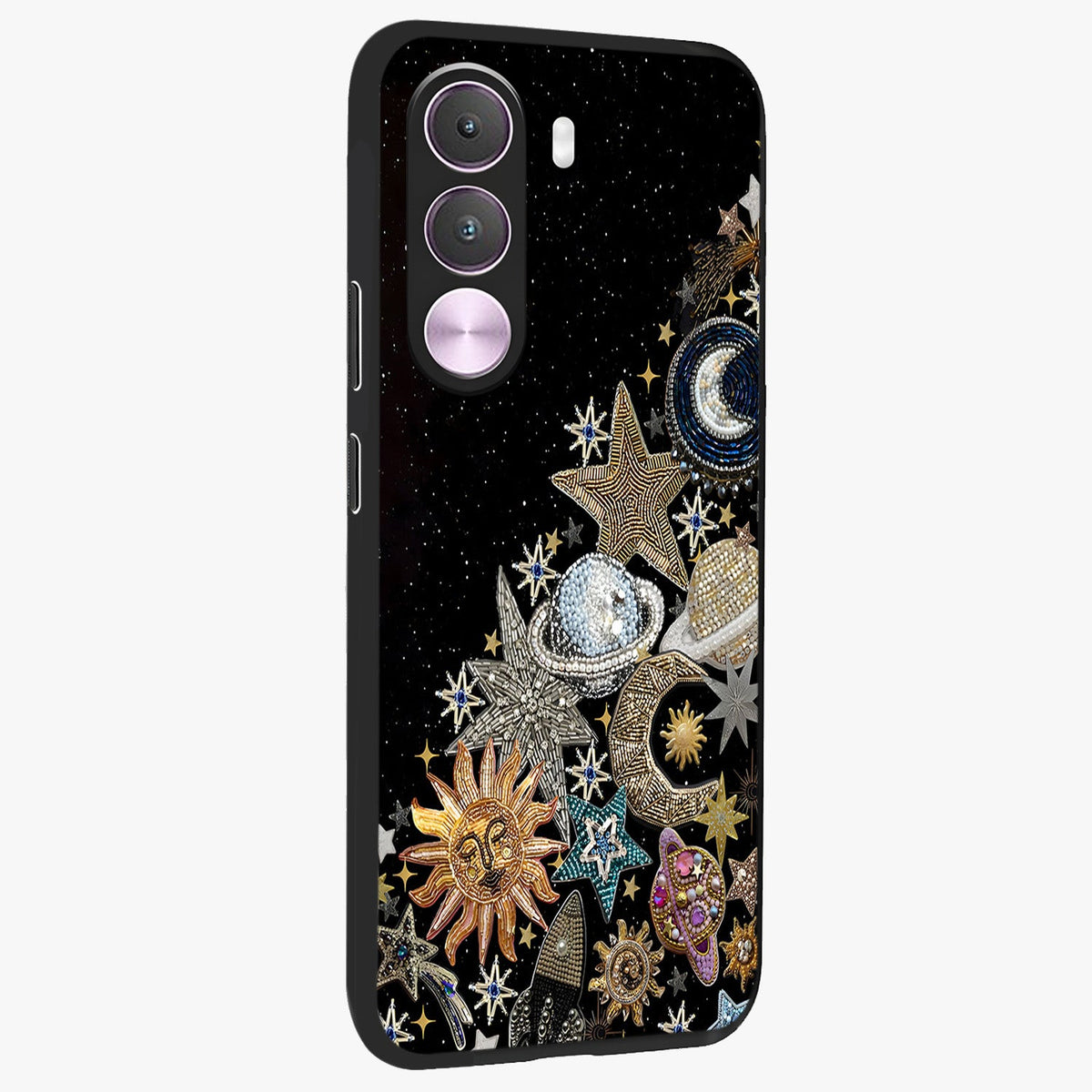 Cosmic Sparkle Dreams Glass Case upright view showcasing glowing cosmic artwork with magical galaxy theme.