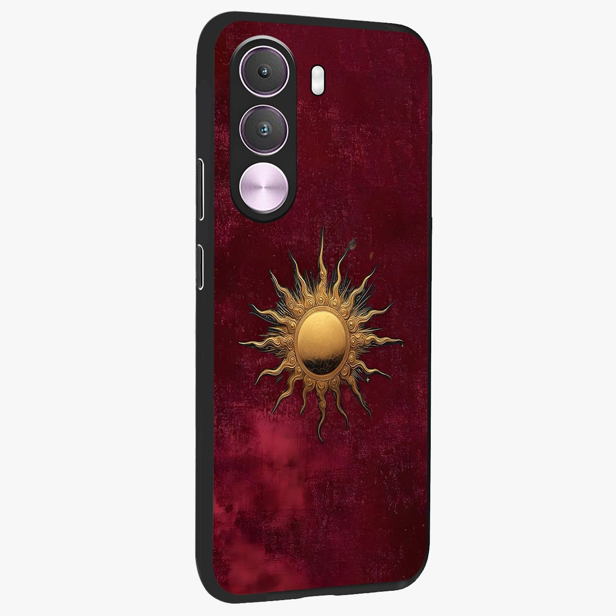Golden Sun Minimalism Glass Case upright view showcasing simple golden sun artwork with elegant minimalist style.