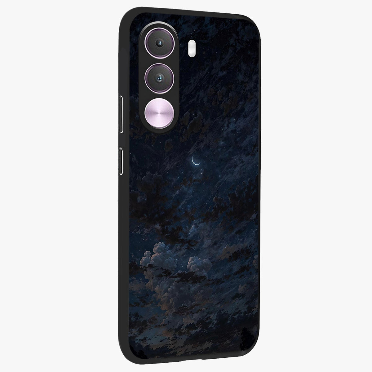 Lunar Veil Silence Glass Case upright view showcasing calm moon themed artwork with serene night atmosphere.