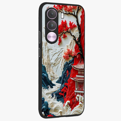 Whispers Of Sakura Waves Glass Case upright view showcasing delicate cherry blossom artwork with elegant nature theme.