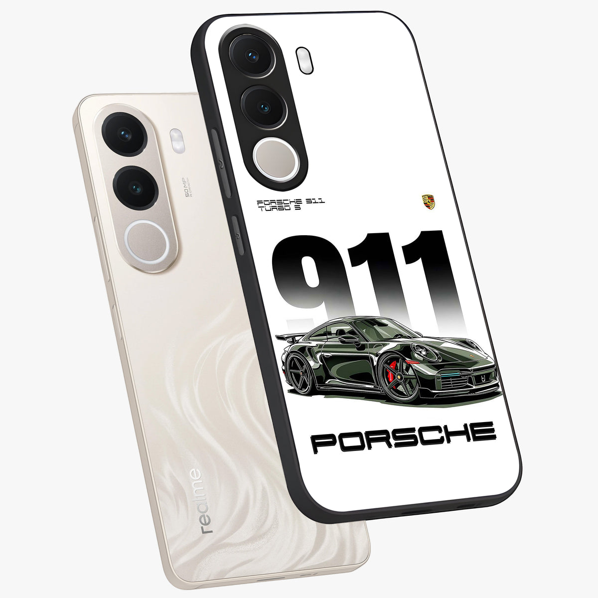 911 Turbo Dominance Glass Case displayed in premium angled mockup highlighting sporty car illustration and sleek glass surface.