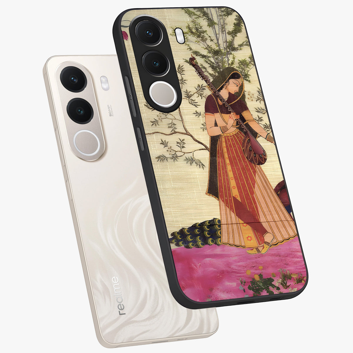 Lady With Veena Art Glass Case displayed in angled mockup highlighting graceful musical illustration with cultural artistic aesthetic.