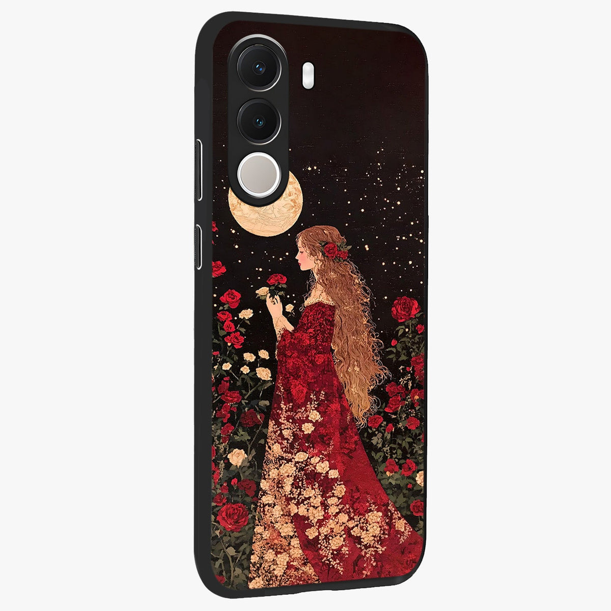 Crimson Dreams Glass Case upright view showcasing dreamy red toned artwork with modern aesthetic style.