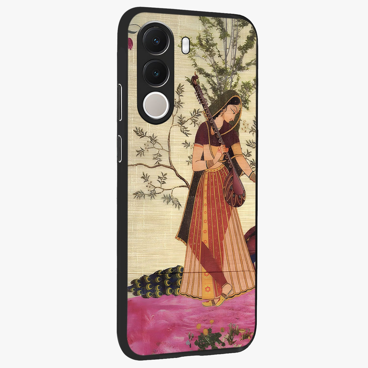 Lady With Veena Art Glass Case upright view showcasing classical veena artwork with traditional artistic theme.