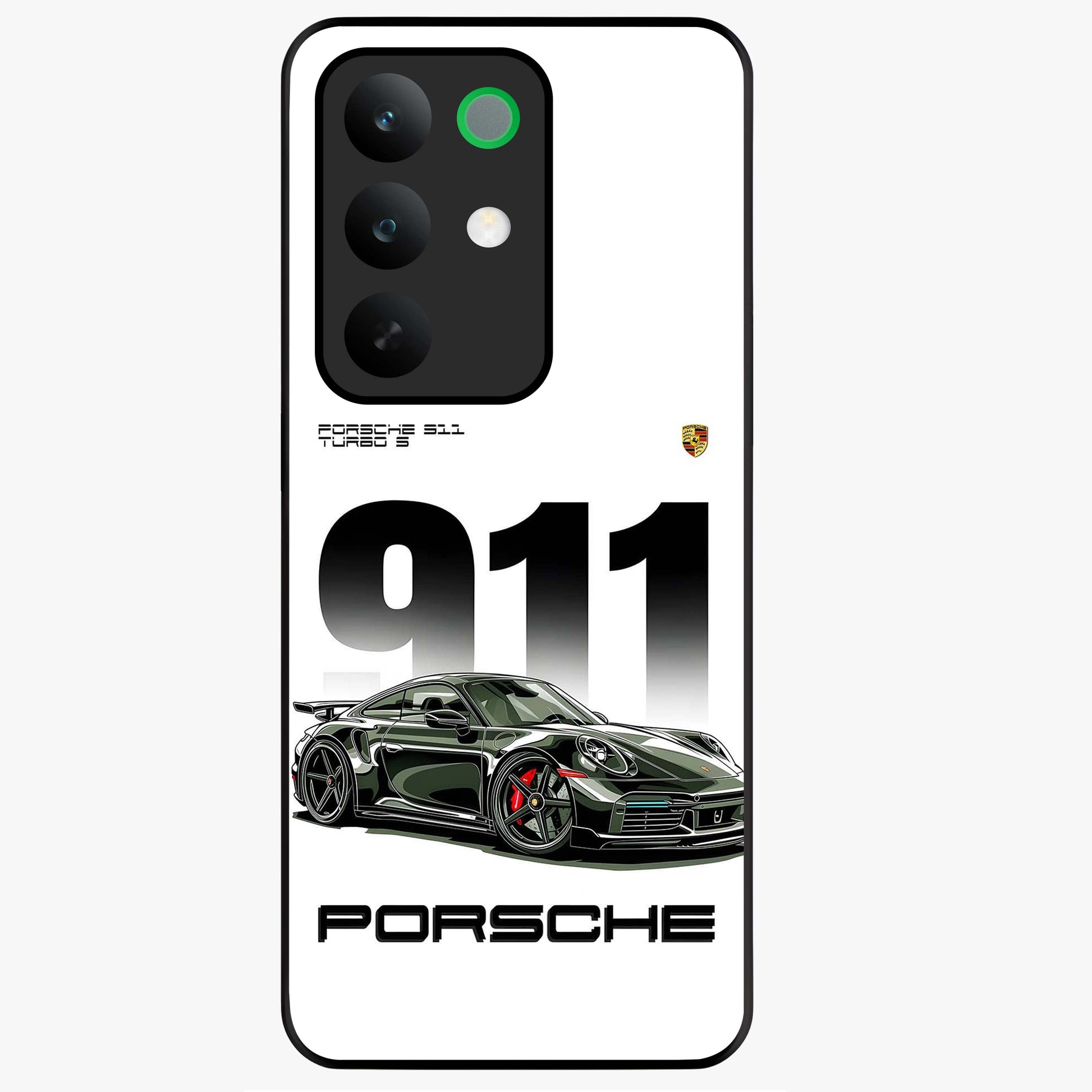 911 Turbo Dominance Glass Case showing clean flat back view with bold 911 sports car artwork and glossy glass finish.