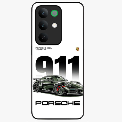 911 Turbo Dominance Glass Case showing clean flat back view with bold 911 sports car artwork and glossy glass finish.
