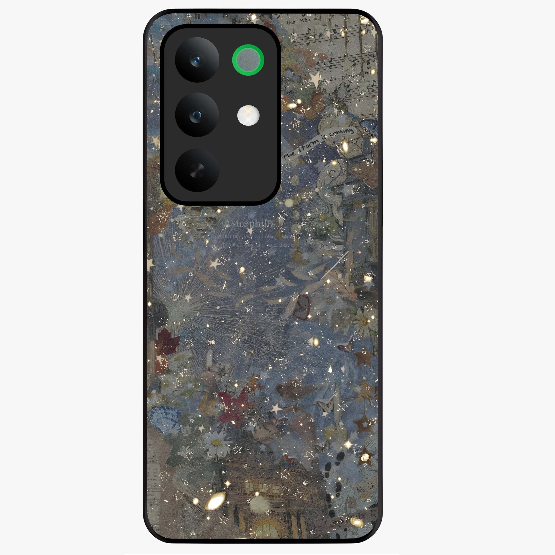 Aesthetic Astrolophia Glass Case showing flat back view with dreamy aesthetic design and glossy glass finish.