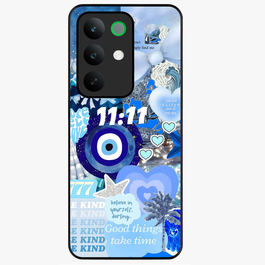 Aesthetic Be Kind Eye Glass Case showing flat back view with motivational eye artwork and glossy glass finish.