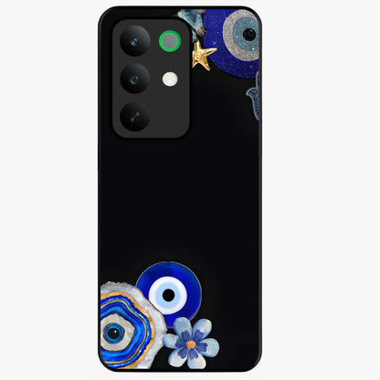 Aesthetic Blue Evil Eye Glass Case showing flat back view with protective evil eye artwork and glossy glass finish.