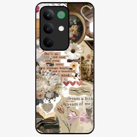 Aesthetic Brown Vintage Collage Glass Case showing flat back view with retro collage artwork and glossy glass finish.