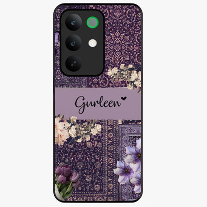 Antique Floral Whisper Custom Name Glass Case showing flat back view with vintage floral artwork and personalized name design.