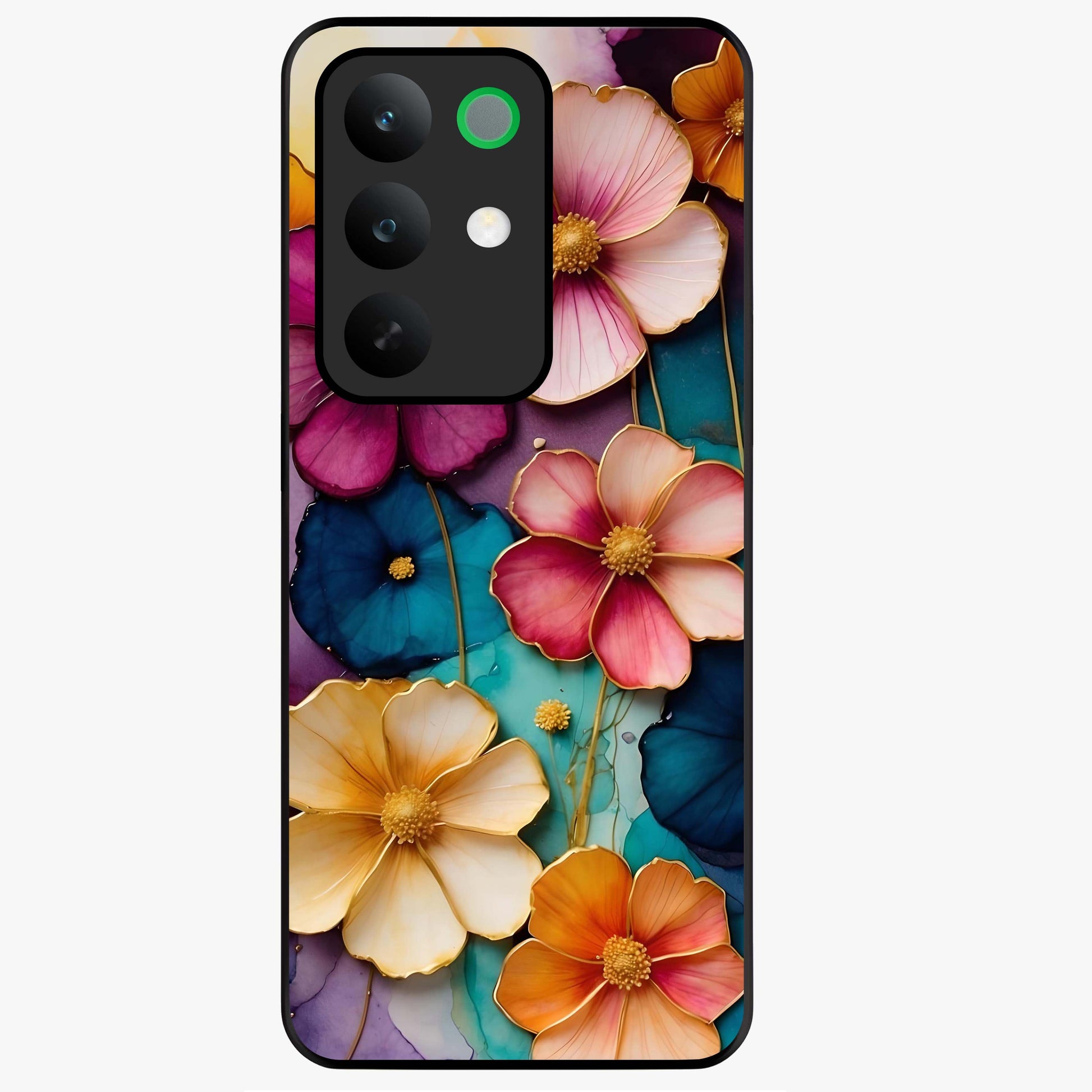 Artlyn Grace Flower Pattern Glass Case showing flat back view with elegant floral pattern artwork and glossy glass finish.