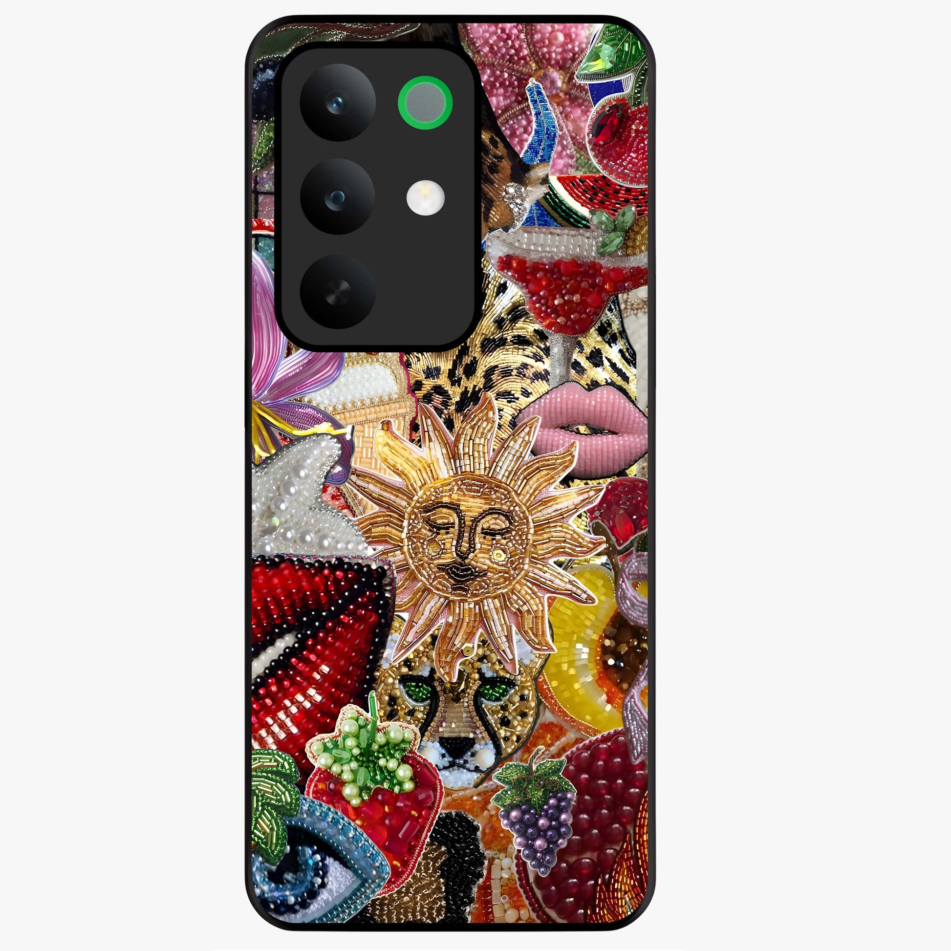 Beaded Fashion Jungle Glass Case showing flat back view with vibrant jungle inspired bead artwork and glossy glass finish.