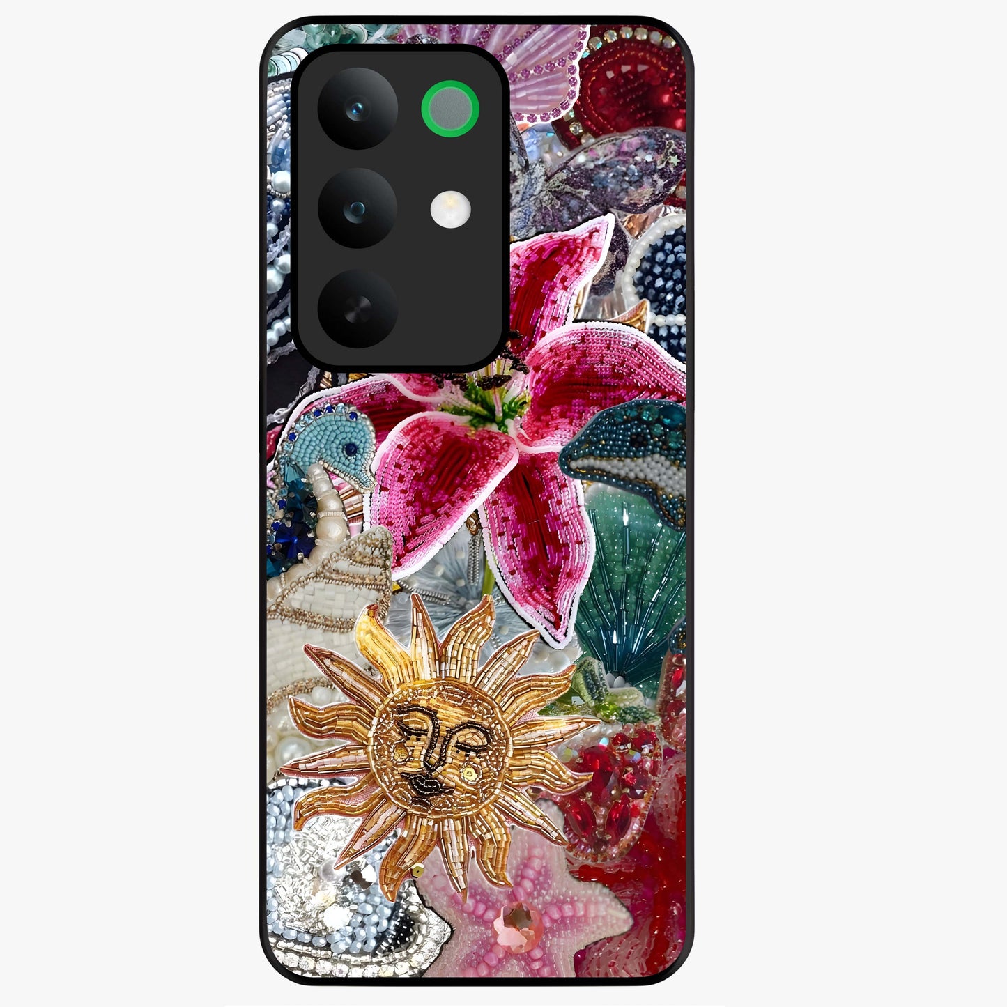 Beaded Garden Fantasy Glass Case showing flat back view with dreamy garden bead artwork and glossy glass finish.