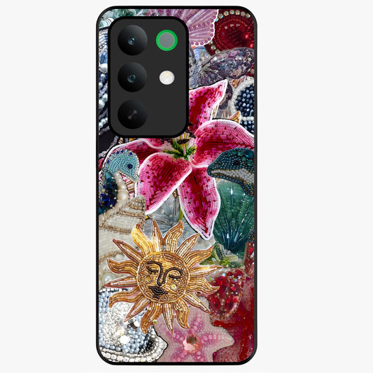 Beaded Garden Fantasy Glass Case showing flat back view with dreamy garden bead artwork and glossy glass finish.