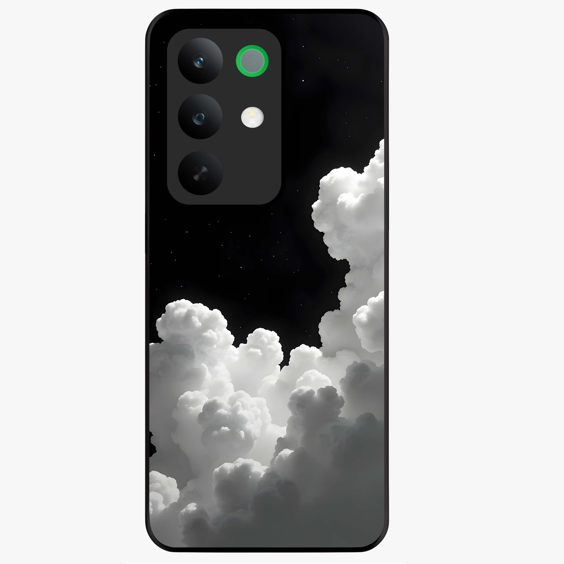 Black Background With White Cloud Glass Case showing flat back view with minimal cloud artwork on dark background and glossy glass finish.