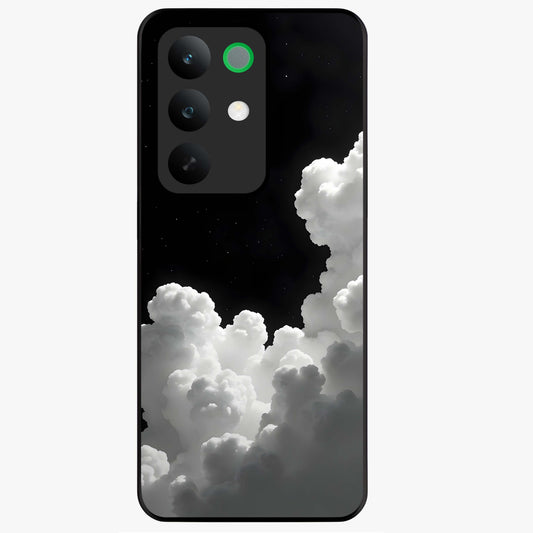Black Background With White Cloud Glass Case showing flat back view with minimal cloud artwork on dark background and glossy glass finish.