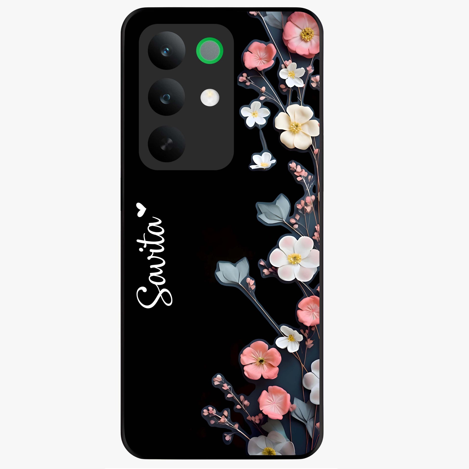 Black Elegance Floral Custom Name Glass Case showing flat back view with elegant floral artwork and personalized name design.
