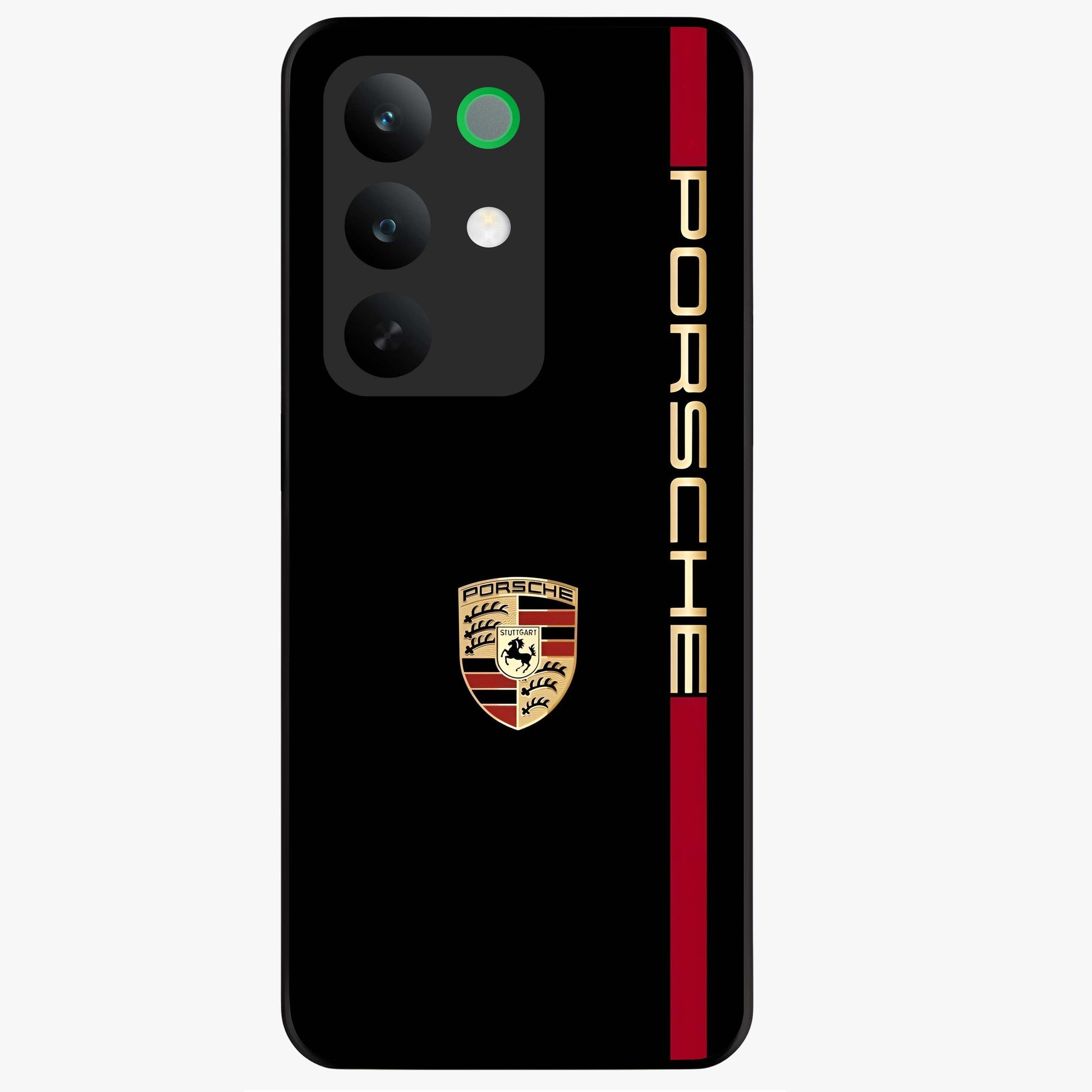 Black Minimal Porsche Glass Case showing flat back view with sleek minimal sports car artwork and glossy glass finish.