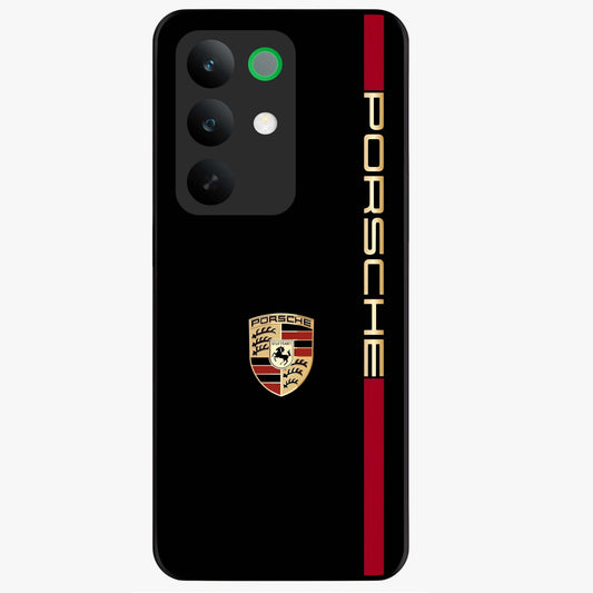 Black Minimal Porsche Glass Case showing flat back view with sleek minimal sports car artwork and glossy glass finish.