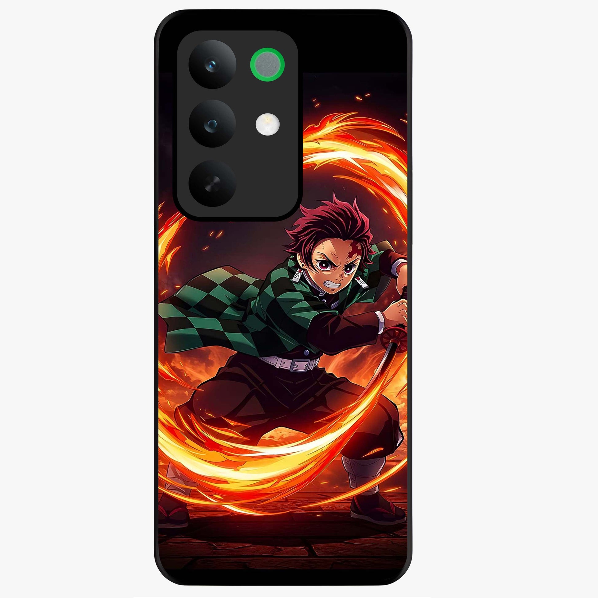 Blazing Sword Resolve Glass Case showing flat back view with fiery sword artwork and glossy glass finish.