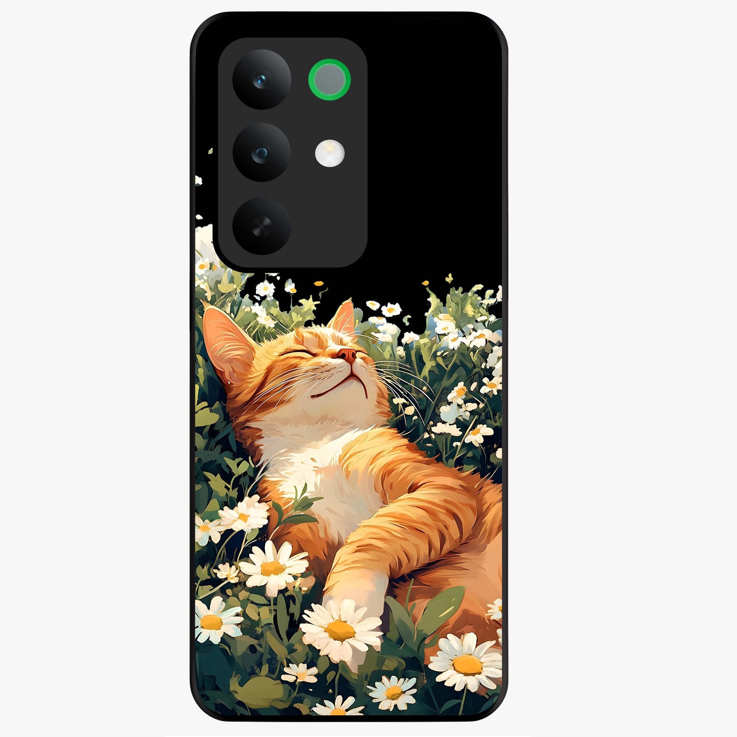 Blissful Bloom Cat Glass Case showing flat back view with cute cat and floral bloom artwork and glossy glass finish.