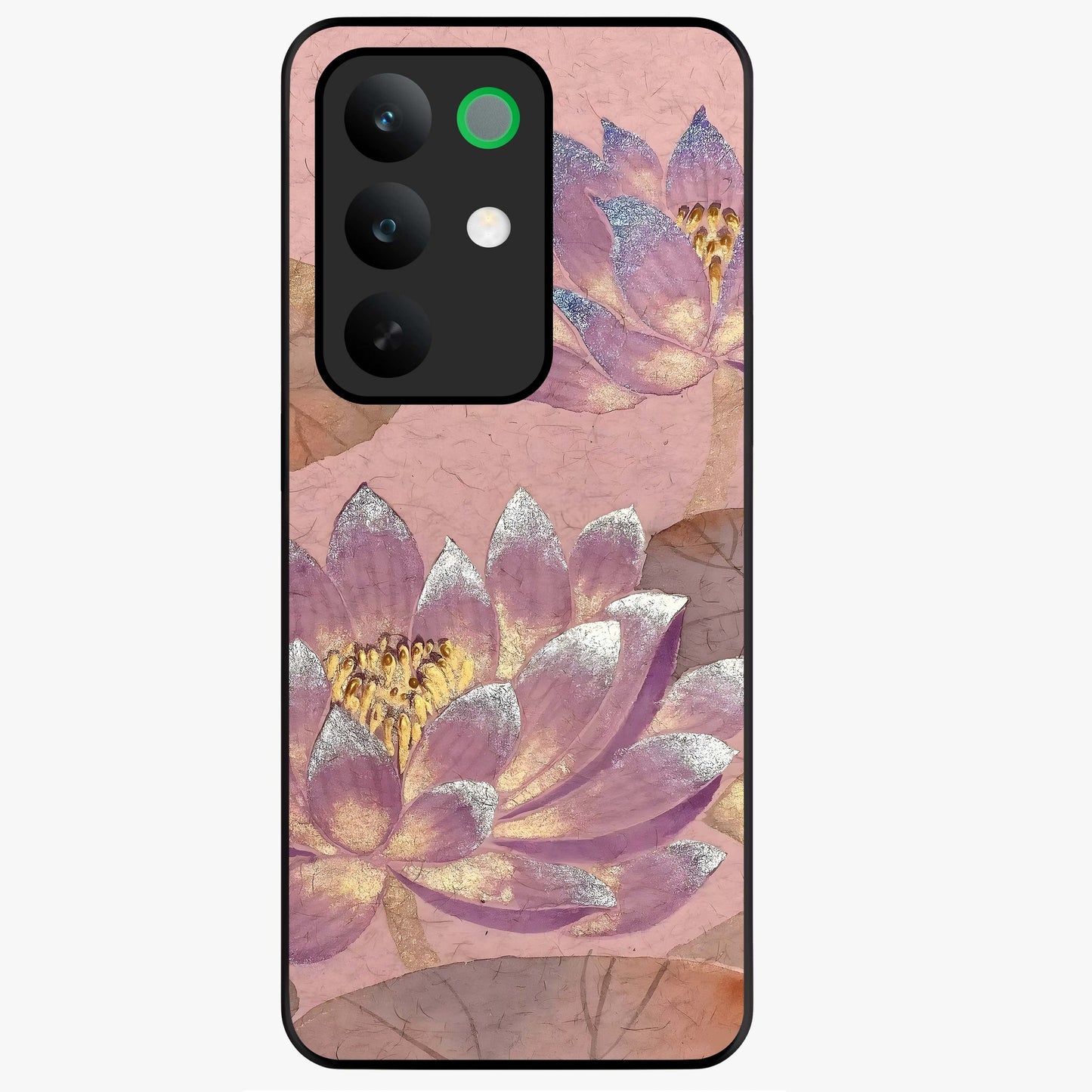 Blossom Mist Lotus Glass Case showing flat back view with serene lotus blossom artwork and glossy glass finish.