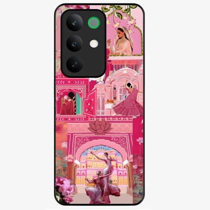 Blossoms of Rajasthan Glass Case showing flat back view with traditional floral artwork inspired by Rajasthan and glossy glass finish.