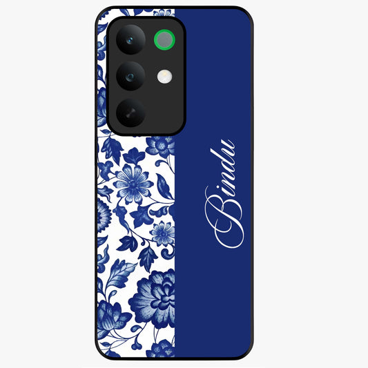 Blue Vintage Floral Pattern Glass Case upright view showcasing timeless floral illustration with vintage inspired style.