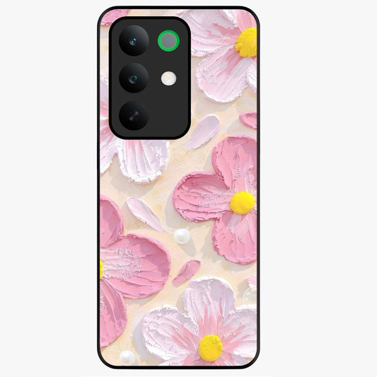 Blush Bloom Texture Glass Case showing flat back view with soft blush floral texture artwork and glossy glass finish.