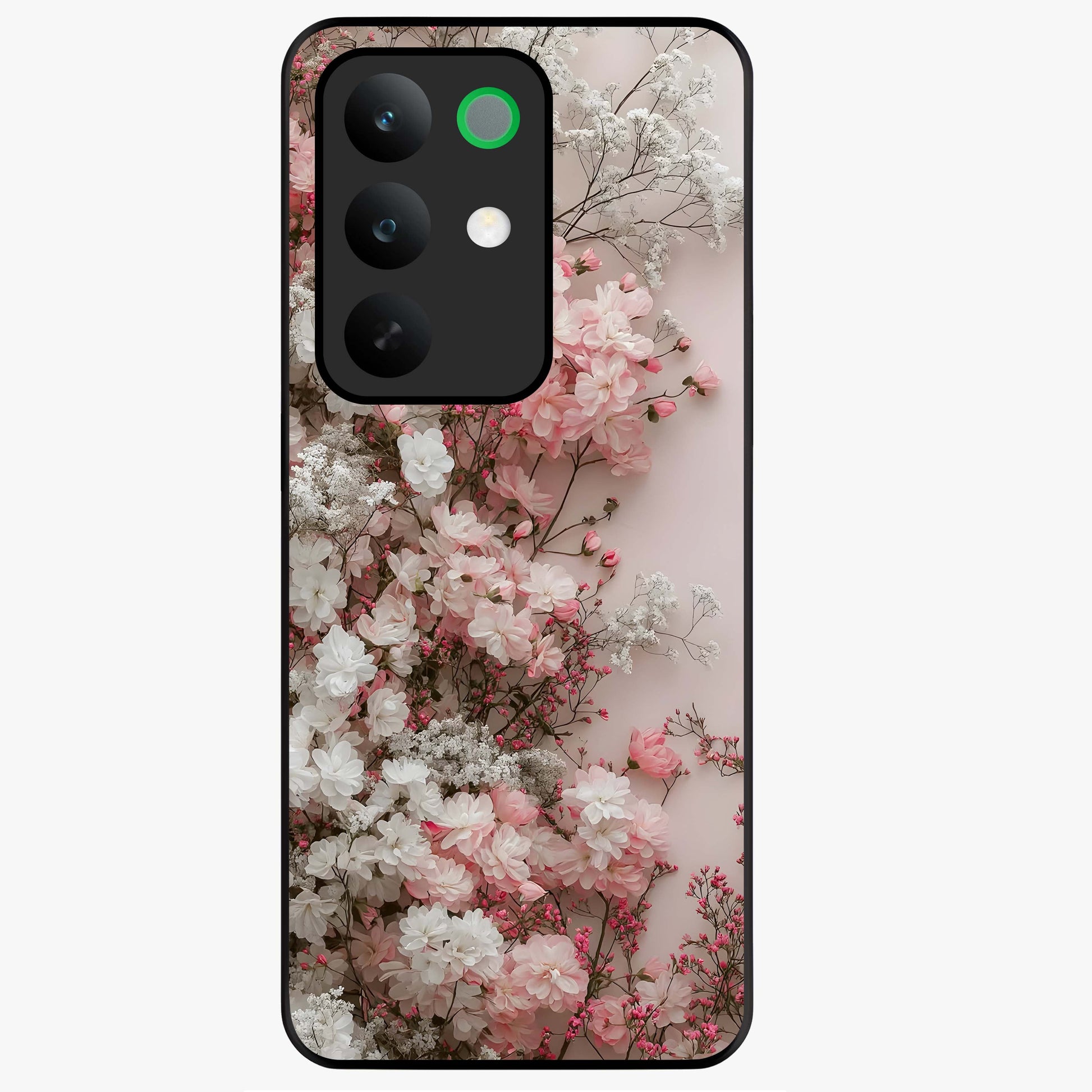 Blush Blossom Cloud Glass Case showing flat back view with dreamy blush cloud blossom artwork and glossy glass finish.
