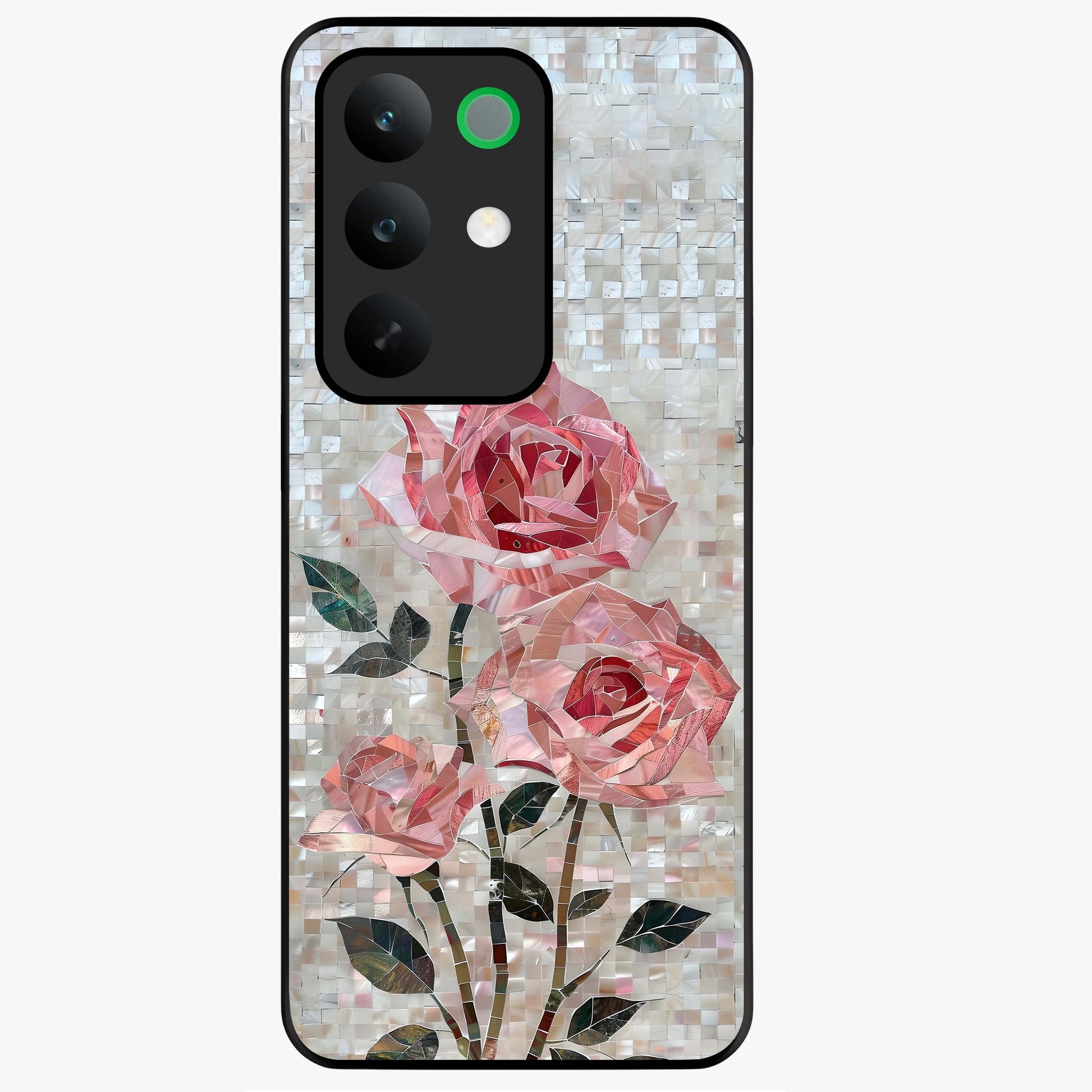 Blush Mosaic Bloom Glass Case showing flat back view with mosaic floral bloom artwork and glossy glass finish.