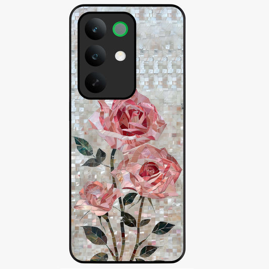 Blush Mosaic Bloom Glass Case showing flat back view with mosaic floral bloom artwork and glossy glass finish.