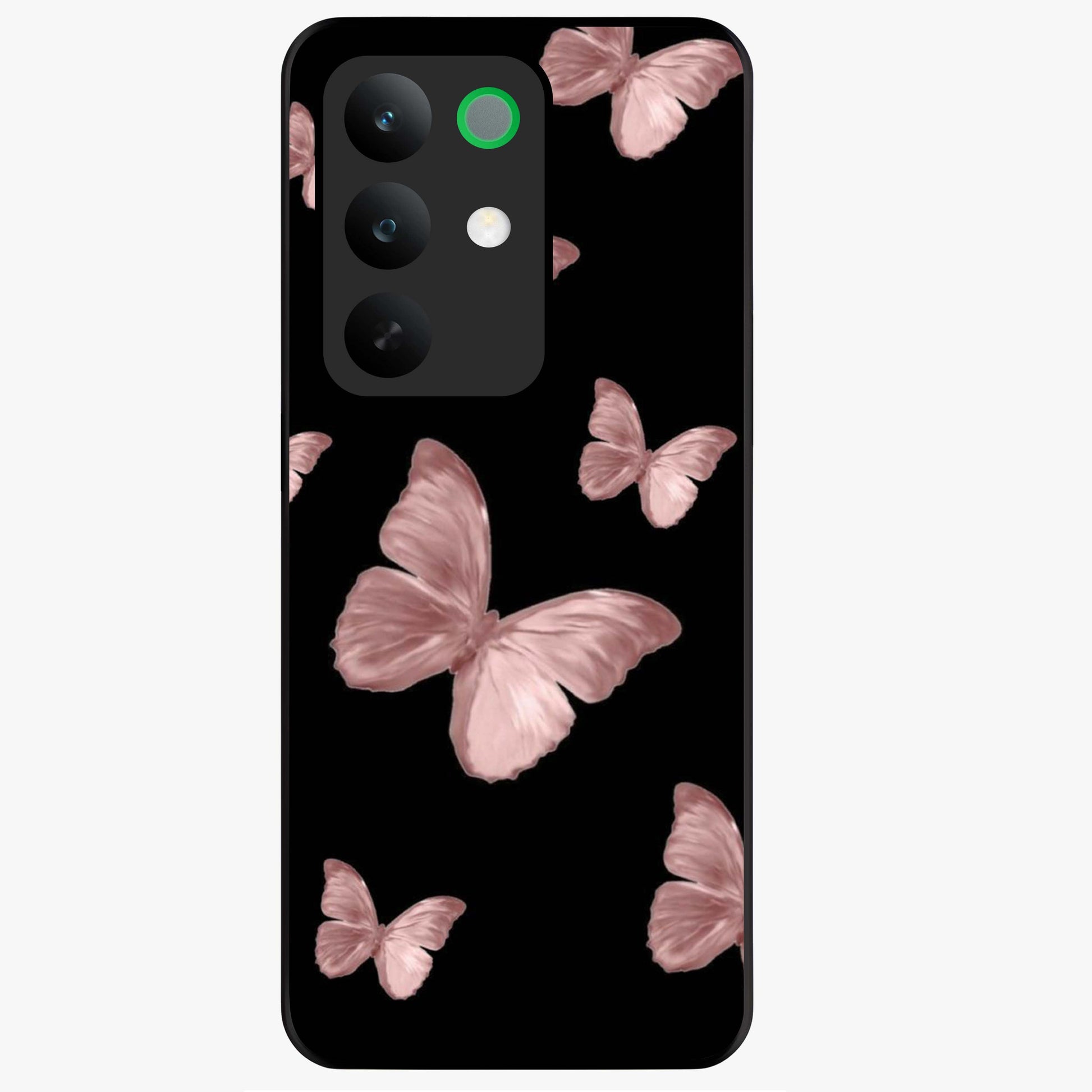 Butterfly Pattern Glass Case showing flat back view with elegant butterfly pattern artwork and glossy glass finish.