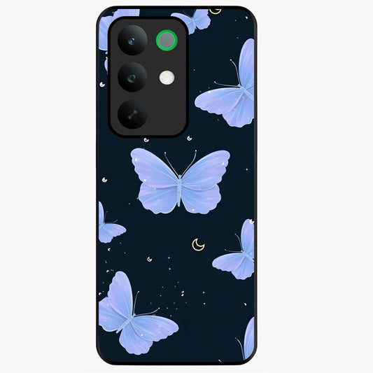 Butterfly With Stars Pattern Glass Case showing flat back view with butterfly and star pattern artwork and glossy glass finish.